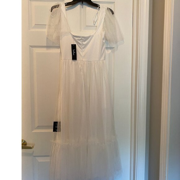 Lulu's Dreamy Celebration White Tulle Bustier Swiss Dot Midi Dress - Picture 6 of 6